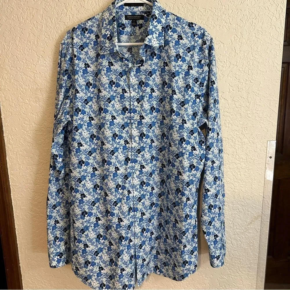 Banana Republic Slim Non-Iron ‎ Blue Floral Cotton Men's Long Sleeve Shirt Large
